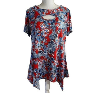 Sunny Leigh Floral Blouse Womens Large Red Blue Sharkbite Hem Tunic Cutout Neck